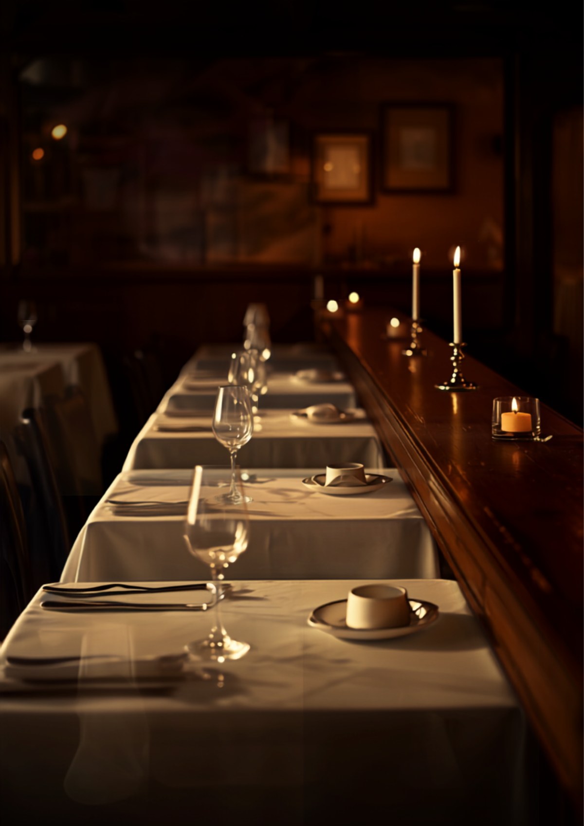 Comedor de un restaurante mediterráneo preparado para el servicio de noche